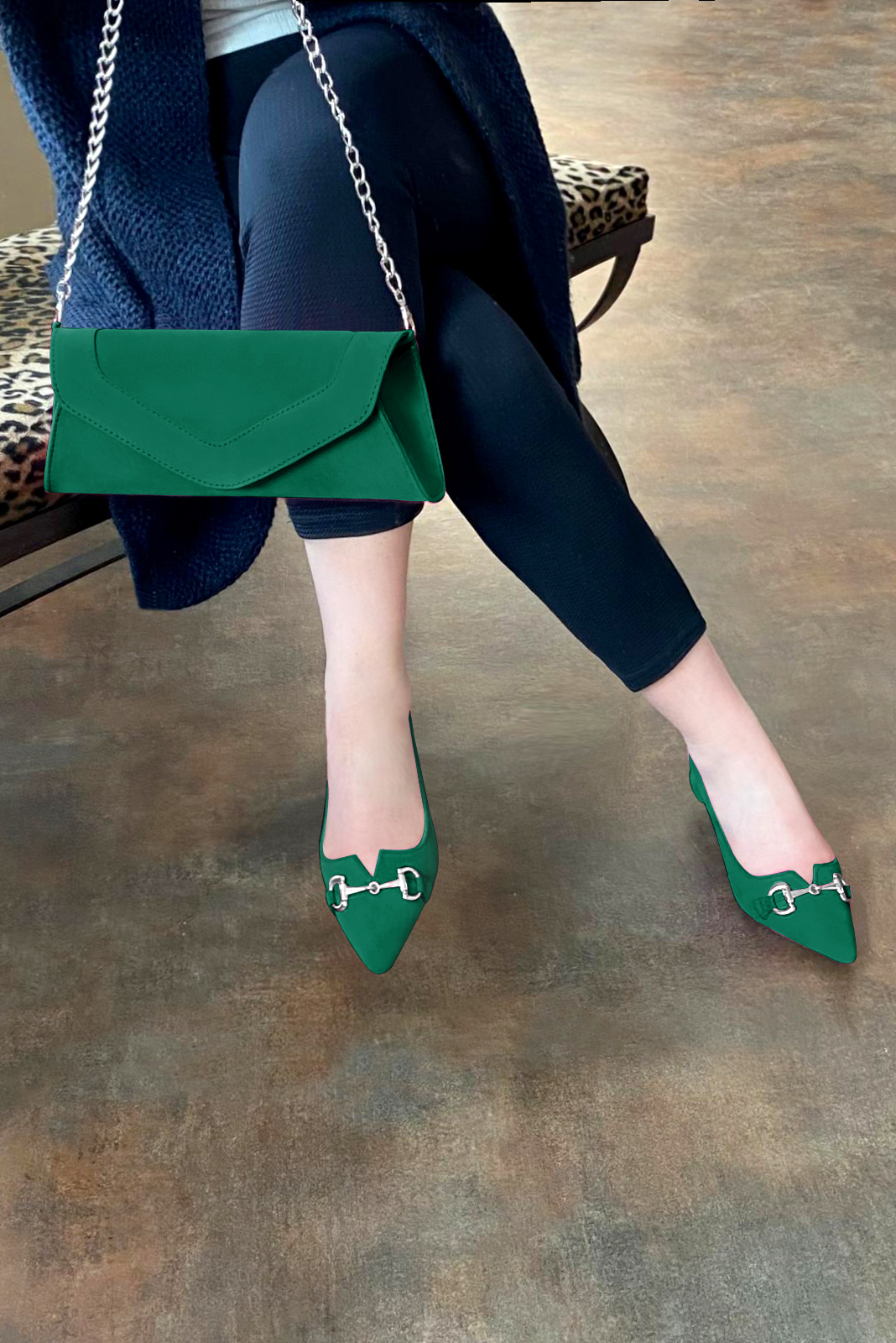 Emerald green women's dress pumps,with a square neckline. Tapered toe. Low flare heels. Worn view - Florence KOOIJMAN